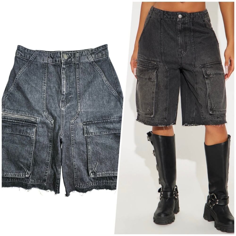Zara | Women | Vtg Black Washed Oversized Denim Cargo Bermuda Shorts | Size 6